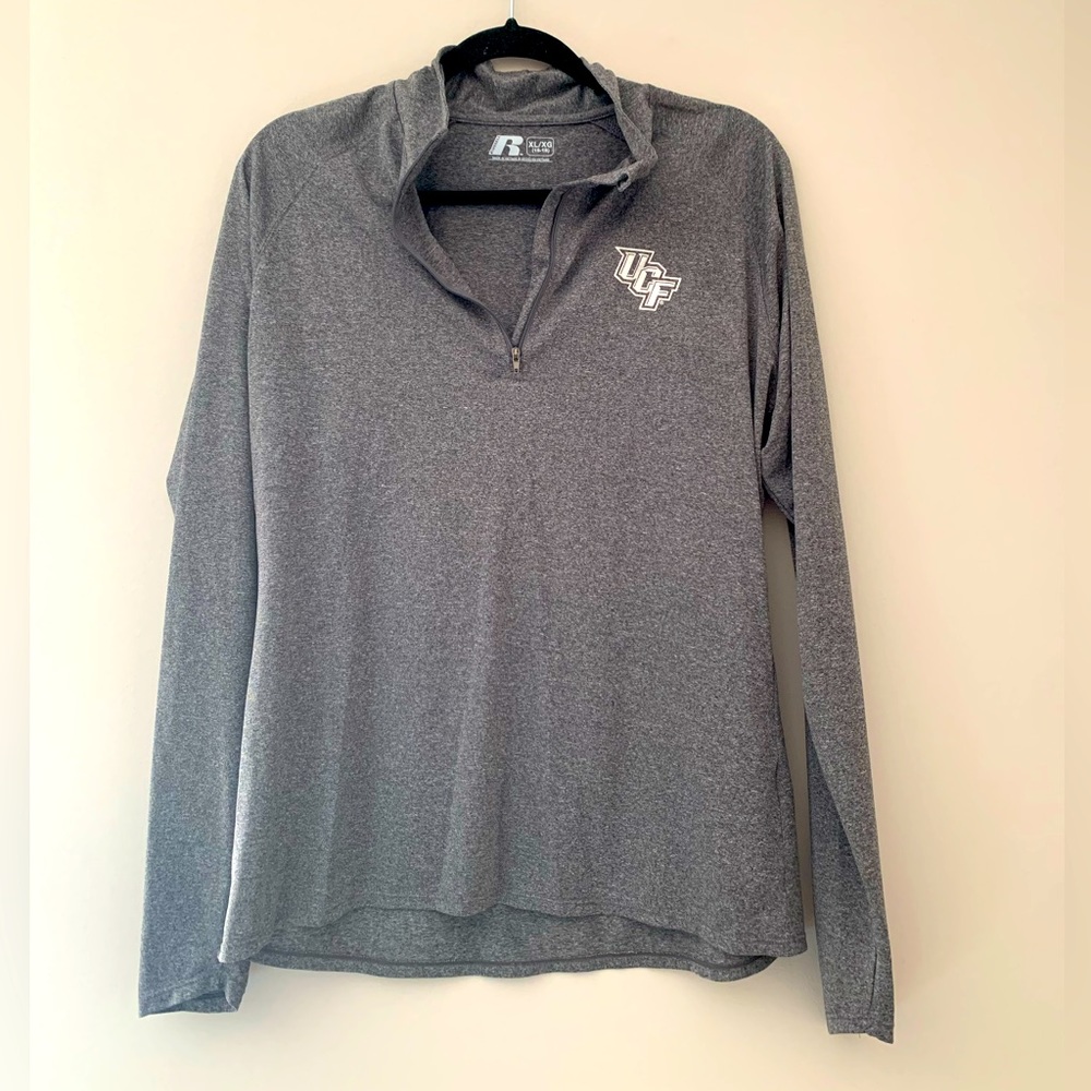 UCF branded Heather grey long sleeve moisture wicking half zip